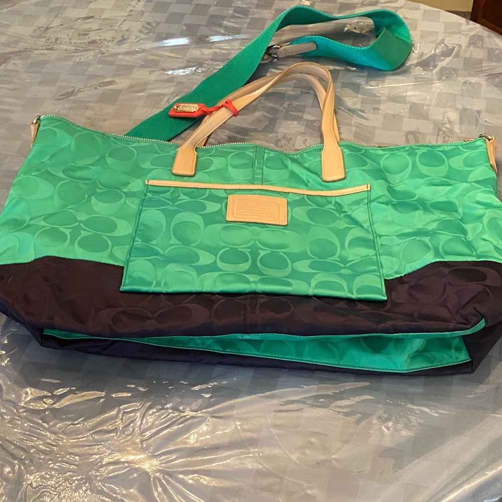 Green and navy Coach Tote bag